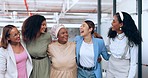 Diversity, women and work friends hug, smile and team building for startup company, laugh and talking. Multiracial, business and female coworkers embrace, marketing campaign and advertising strategy.