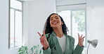 Business woman, peace sign or walking in modern office, marketing company or Brazil advertising startup with fun hair flip. Portrait, smile or comic creative designer with happy or cool hands gesture