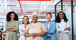 Business women group, faces or arms crossed in modern office, marketing coworking space or advertising company. Smile portrait, happy creative leadership or designer workers in teamwork collaboration