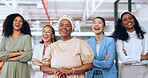 Laughing business women, team diversity or manager in modern office with marketing ideas, advertising innovation or branding vision. Portrait, smile or happy creative designers in about us leadership