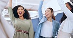 Diversity, business and women hands stack, celebration and success for startup company in modern office. Females, team and group project for marketing strategy, advertising campaign and workplace.