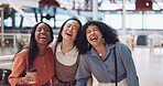 Creative business woman, friends and laughing with smile for friendship, teamwork or fun time at the office. Group of happy employee women smiling and laugh for social get together at company startup