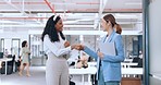 Business women, hand shake and high five for success celebration in office. Sequence, group teamwork or partnership of female friends or employees walking, talking and shaking hands for collaboration