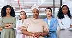 Creative business woman, team leadership and arms crossed for empowerment, confidence and management. Group portrait of confident executive women employee workers standing crossed arms for startup