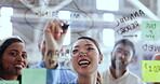 Asian woman, leader and writing on glass wall, sticky note and business people collabpration for creativity or design training. Teamwork, post it and leadership, coaching or planning goals strategy