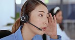 Stress, call center and Asian woman frustrated with client talking,discussion and conversation online. Customer service, telemarketing and female consultant with headache with difficult customer call