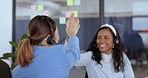 Call center, high five and woman with success applause for telemarketing sale, crm achievement and target. Support, celebration and customer service worker clapping for technical support goal