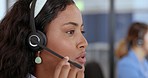 Call center, support and face of a black woman in telemarketing for communication, customer service and consulting. Contact us, conversation and customer support worker talking and giving advice