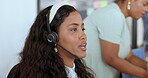 Call center, telemarketing and business woman talking on computer for customer service, office consultant or contact us. Sales agent, telecommunication and customer support, consulting and management