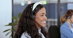 Call center, black woman and telemarketing sale success, yes and high five with colleague, excited about win and contact with communication. Tech support, customer service and CRM, support and happy.