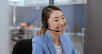 Call center, customer support and Asian woman with smile talking, speaking and laugh with client online. Telecommunication, customer support and friendly service for female consultant for crm company