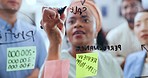 Diversity, team and black woman writing on board, sticky notes and marketing strategy in modern office. Teamwork, multiracial and ceo write on glass, leader talking and brainstorming for advertising.