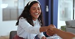 Handshake, business woman and recruitment for job interview, meeting and partnership. Happy HR manager shaking hands with worker for hiring deal, welcome and b2b sale success, consulting and teamwork