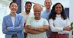 Leadership, arms crossed and face of business people for teamwork, collaboration and corporate success. Motivation, diversity and portrait of employees with pride, executive and marketing smile