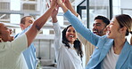 Business people, diversity or high five in teamwork success, advertising goals or team building in marketing modern office. Smile, happy or collaboration hands gesture, creative designer men or women
