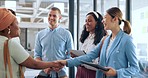 Diversity, team and handshake for partnership, business and collaboration in modern office. Teamwork, multiracial and staff greeting, hand gesture for welcome and group project for startup company.