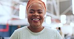 Black woman, portrait and smile of a teacher employee ready for teaching and learning. Happy woman, laughing and motivation of a tutor in a school gym with education vision and sport class growth