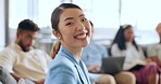 Corporate woman, asian and face at business meeting with smile, happiness and success with team in office. Happy finance expert, business people and portrait for vision, teamwork or goals in New York