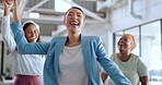 Business women, dance and success, diversity and teamwork for happy celebration, achievement winner goals. Dancing, energy and excited asian girl in office to celebrate startup growth with motivation