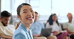 Asian business woman, face and coworking space with digital marketing team, advertising people or branding men and women. Portrait, smile and happy creative designer in modern office with innovation