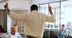 Dance, office or businessman happy with success, reaching sales goals or revenue growth target with employees. Winner, funny manager or excited worker dancing in celebration with pride or freedom 