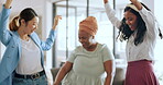 Creative business people, dancing and celebration for teamwork, success or corporate achievement at the office. Group of happy employee women celebrating in fun dance for successful company startup