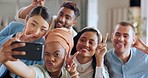 Phone selfie, peace sign and business team in startup office of creative marketing agency. Teamwork, diversity and happy men and women smile for crazy photo on smartphone in modern office.