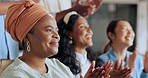 Black woman, applause and accounting business meeting with staff celebration of company success. Target growth, finance team and diversity of business group clapping for support and happiness