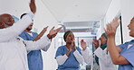 Doctors, hands together and team with support, motivation applause and high five for health. Solidarity, diversity and commitment with trust, happy and medical collaboration and medicine.