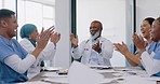 Doctors, applause and high five with success and paper confetti, celebrate win in health and cheers for team building.  Happy, medical innovation win and target goal with motivation and diversity.