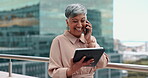 Senior woman, tablet and phone call talking on rooftop for happy business conversation, online networking and planning. Digital device, smartphone and elderly business person speaking on balcony