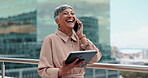 Business woman, phone call or tablet on balcony in digital marketing collaboration, advertising networking or branding strategy planning. Smile, happy or laughing mature manager on technology in city