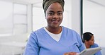 Face, doctor and woman with a digital tablet in hospital for consulting, help and healthcare innovation. Portrait, black woman and medical expert happy, friendly and ready for medicine and telehealth