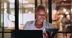 Black woman, focus with tablet for research online and reading digital report or article for project. Busy, corporate and technology, email and networking with typing and sign virtual document
