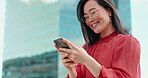 Asian woman, face or phone in city on digital marketing schedule, China advertising calendar or growth success management. Smile, happy or creative designer on mobile technology app in goals planning
