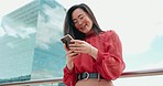 Asian woman, smile and typing on smartphone in city for social media, streaming news or reading conversation online. Phone, young girl and creative designer relax outdoor for  break on mobile app