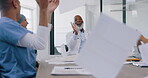 Success, applause and healthcare team throw paper, celebration or applause in meeting, collaboration and motivation in medical office. Diversity doctors celebrate hospital goals with documents in air