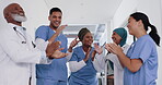 Applause, healthcare teamwork and hospital success, collaboration or motivation. Diversity, happy doctors and nurses clapping hands in commitment, trust and support of medical goals, deal or wellness