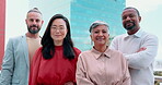 Diversity, business people and teamwork on rooftop of office building in city for success, motivation and collaboration. Portrait, group or global workers with vision, trust and goals for management 