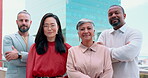 Diversity, business people portrait and teamwork in city on building balcony for employee support, collaboration and corporate solidarity. Interracial team, confidence and partnership motivation