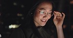 Night, screen and Asian woman with glasses in city online, reading website article and browse internet. Vision, thinking and female with technology for social media, networking and typing outdoors