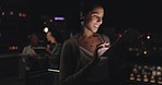 Woman, digital tablet and rooftop at night in city for social media, research and networking on urban background. Business woman, balcony and online search by entrepreneur working late in New york 