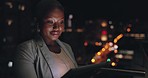 Corporate black woman, tablet and office in night, rooftop and reading social media for data analysis. Digital marketing planning, dark and focus on mobile tech for goals, ux and analytics at company