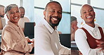 Business people, face or laughing collage in modern office, marketing company or advertising branding startup. Portrait, happy smile or creative designer diversity and expression or innovation vision