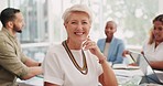 Elderly business woman, management and smile for team meeting, planning or corporate collaboration at office. Portrait of senior CEO smiling for teamwork, conference or creative startup at workplace