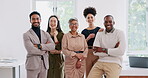 Business people, diversity and teamwork of group in office standing together for team building. Portrait, collaboration and support, trust or happy friends, men and women smiling in company workplace