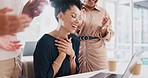Business people clapping hands for a woman in her office for a job promotion, achievement or goal. Happiness, celebration and team giving their colleague an applause for success in the workplace.
