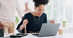 Winner, laptop or black woman happy with success, prize or bonus announcement via email in celebration in an office. Pride, wow or excited worker with smile celebrates job promotion notification news