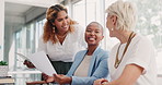 Leadership, documents or business women in a meeting planning branding direction for sales revenue increase. Diversity, collaboration or executive team of employees working on financial paperwork 