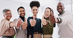 Thumbs up, diversity and portrait of a team in the office with teamwork, achievement and goal success. Happy, smile and business people with thumbsup for a successful collaboration in the workplace.